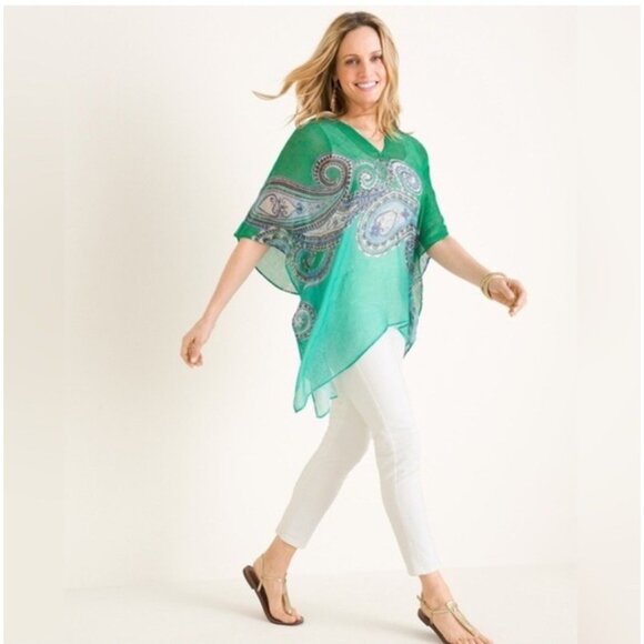 Chicos Women’s 100% Linen Poncho Blouse Cover Up Top Boho Beach S M Paisley - Picture 11 of 11